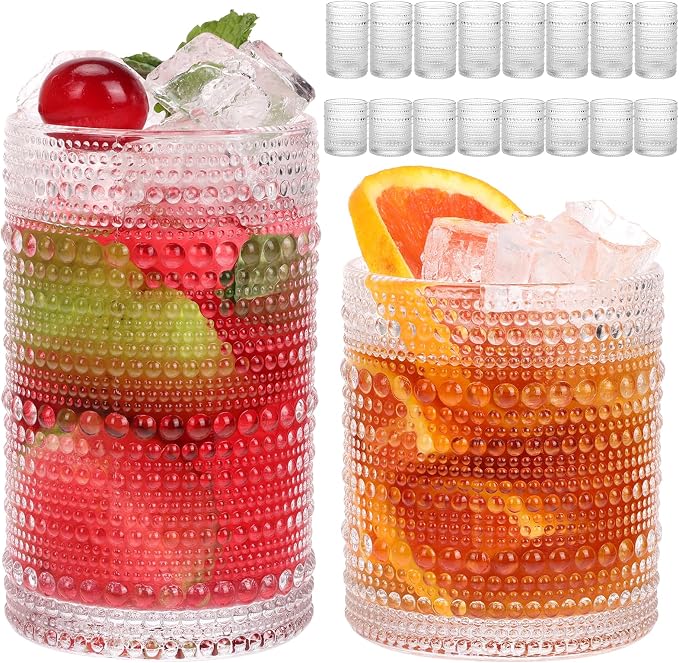 Moretoes Hobnail Drinking Glasses Set of 16, Vintage Water Glass Cups | 12 Oz Highball Glasses & 10 Oz Cocktail Glasses, Clear Embossed Boho Kitchen Bar Tumbler for Whiskey, Beer, Juice, Milk by Moretoes
