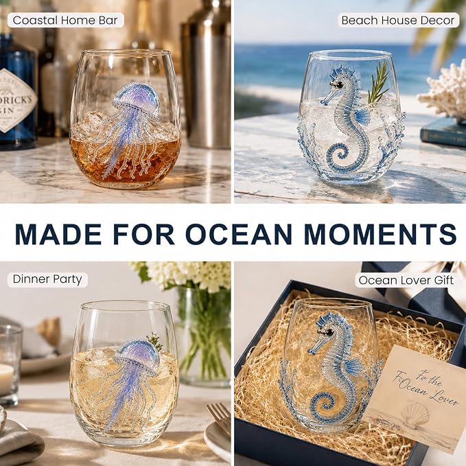 Coastal Stemless Wine Glasses Set of 4, 12oz 3D Ocean Animal Artisan Glassware Collection with Unique Sea Life Designs (L - Set of 2) - Image 4