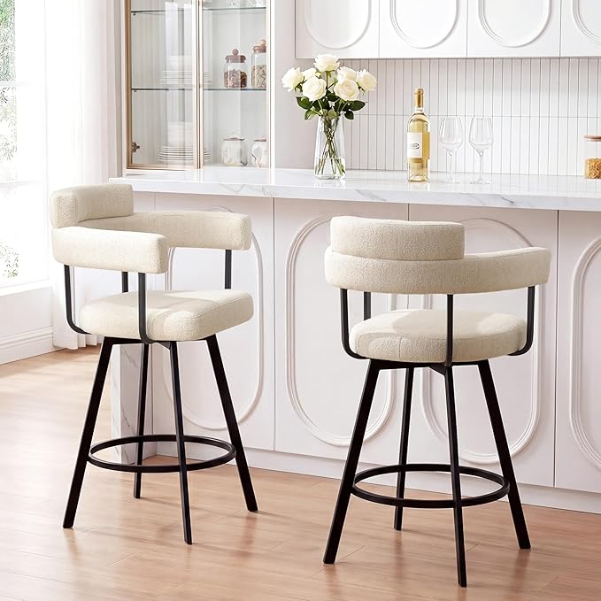 Flouki Swivel Bar Stools with Backs and Arms, Modern Bar Stools Set of 2 for Kitchen Island, 26" Upholstered Linen Counter Height Bar Stools for Kitchen Counter, Dining Room, Beige by Flouki