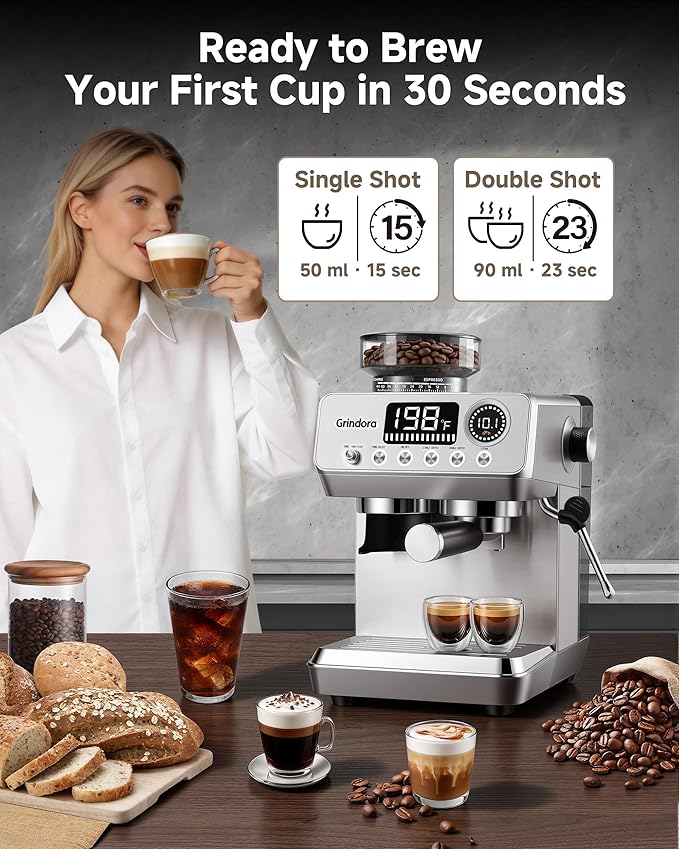 Espresso Machine with Grinder,20 Bar,44 Grind Setting,Milk Frother | Stainless Steel Coffee Machine,Easy-Clean,PID Temp Control,Built-in Grinder, Latte,Cappuccino,Americano & Hot/Cold Brew - Image 6