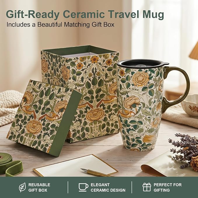 Topadorn 17oz Ceramic Travel Mug with Lid, William Morris Bird & Rose | Coffee Mug with Handle, Vintage Botanical Latte Cup, Microwave & Dishwasher Safe - Image 7