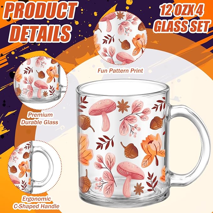 Tioncy 4 Pcs Halloween Coffee Mugs 12 oz Ghost Glass Cups with Handle Halloween Pink Pumpkin Ghost Leaves Coffee Cup Sweet Holiday Gifts Drinking Containers Party Decor - Image 3