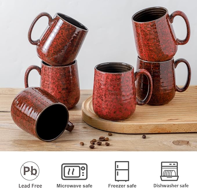 HASENSE Coffee Mugs Set of 6, 15 Ounce Ceramic Coffee Cups Set with Handle, Large Tea Mug for Kitchen, Red Cup for Tea,Cocoa, Milk, Christmas Gift for Women and Men, Dishwasher and Microwave Safe - Image 4