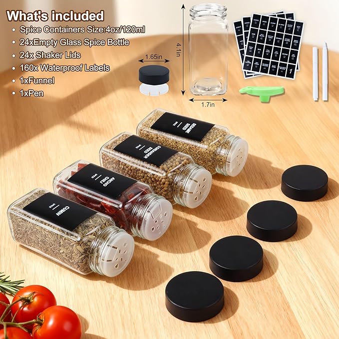 24 Spice Jars with Labels, 4oz Seasoning Jars for Cabinets, Drawers, Racks | Lead-free glass seasoning containers with black airtight lids, and they are dishwasher safe - Image 5