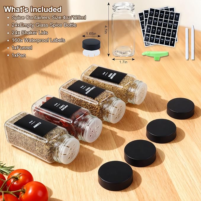 36 Spice Jars with Labels, 4 oz Seasoning Jars for Cabinets, Drawers, Racks | Lead-free glass seasoning containers with black airtight lids, and they are dishwasher safe - Image 5