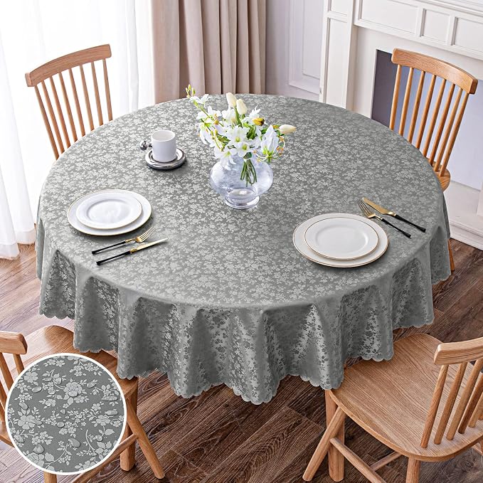 Smiry Round Waterproof Heavy Duty Vinyl Tablecloths, 60 x 60 Inch | Wipeable Washable Floral Embossed Table Cover for Kitchen and Dining Room, Indoor & Outdoor Use, Grey by Smiry