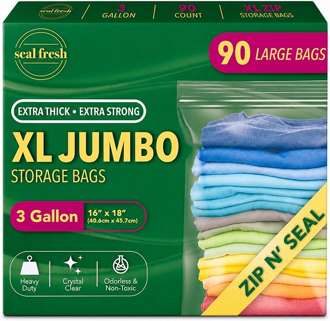 Seal Fresh 3 Gallon Large Plastic Storage Bags – 16" x 18" (90 Count) – Reusable XXL Extra Large Clear Jumbo Zip Bags with Sealable Zipper Top For Clothes, Travel, Moving by SealFresh