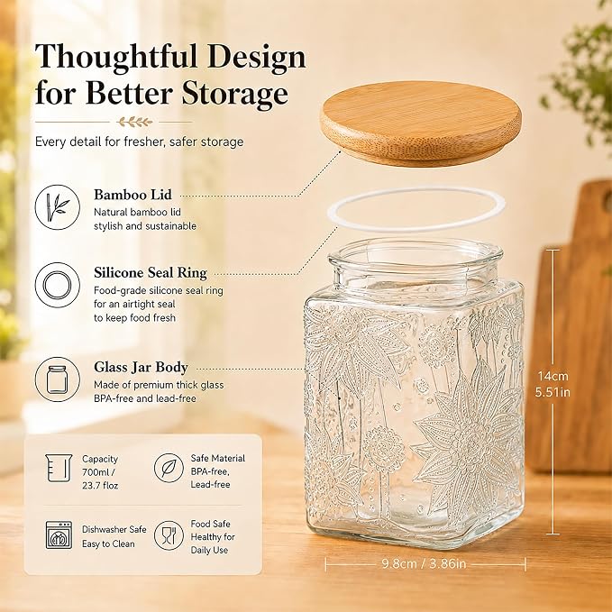 Glass Storage Jars With Airtight Lid, 23.7oz Canister For Kitchen Counter with Bamboo Lid, brown sugar, candy, coffee, cookie, salt, tea,pantry cute Jar (Square Sunflower) - Image 3