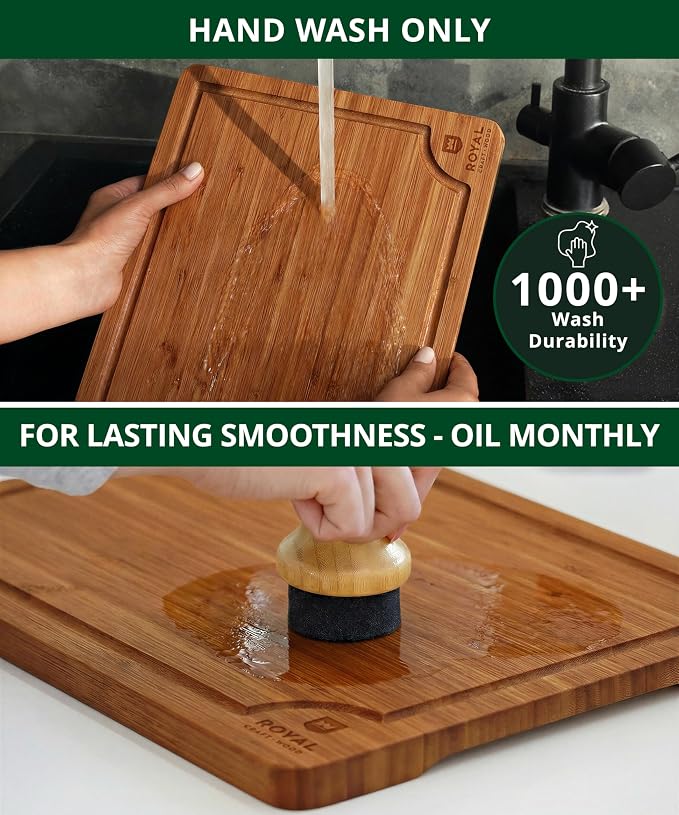 ROYAL CRAFT WOOD Wooden Cutting Boards for Kitchen Appliances - Non Toxic Bamboo Wood Cutting Board Set with Deep Juice Groove, Side Handles, Charcuterie & Butcher Block for Meat, Meal Prep & Serving - Image 7