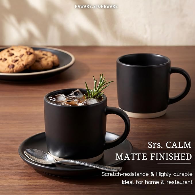 HaWare 13OZ Coffee Mugs Set of 6, Stoneware Coffee Cups, Ceramic Latte Mug for Man, Woman, Dad, Mom, Modern Tea Mugs for Latte/Cappuccino/Cocoa/Milk, Dishwasher& Microwave Safe, Frosting Black - Image 5