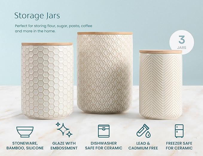 Kook Ceramic Storage Containers, Embossed Pantry & Bathroom Canisters with Airtight Bamboo Lids, Dishwasher Safe Stoneware Jars (40, 65, 100 oz), Set of 3, Narbonne Collection (Ivory) - Image 5