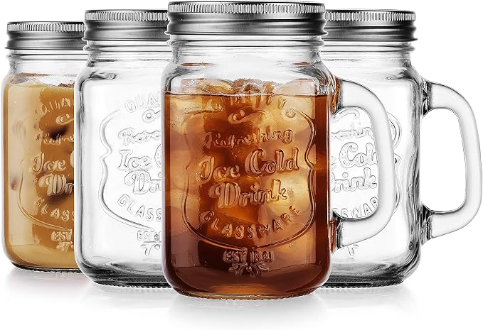 Glaver's Mason Drinking Jars – Set of 4, 15.25 Oz Clear Glass Jar with Handle and Lid. – Ice-Cold Drink Glassware Logo – Glass Mugs Ideal for Cold Beverages, Juice, Smoothie, Cocktails. - Image 8
