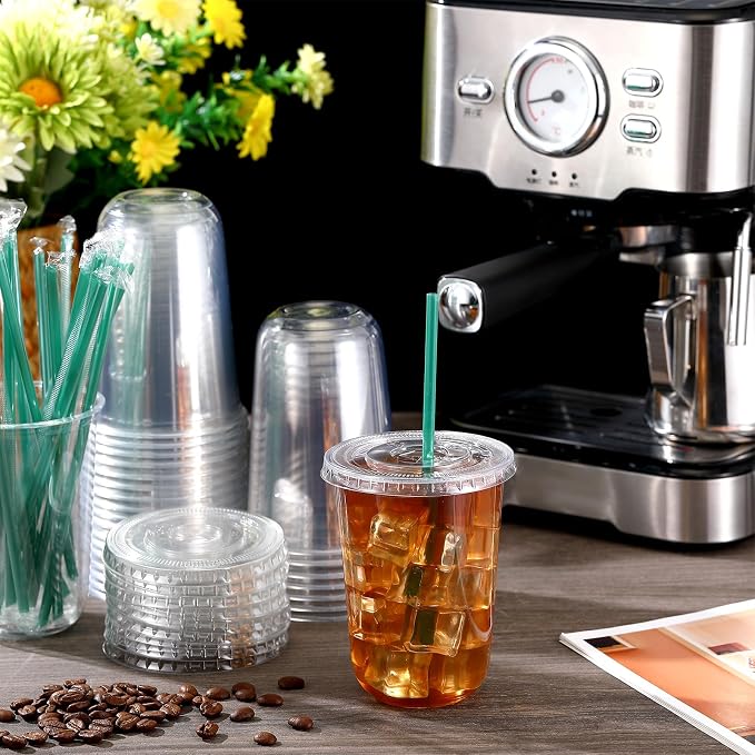 Baderke 25 Set Plastic Cups with Lids and Straws, Disposable Plastic Iced Coffee Cup for Cold Beverage Juice Smoothie Crystal for Coffee Shops Party Catering(Clear,16 oz) - Image 2
