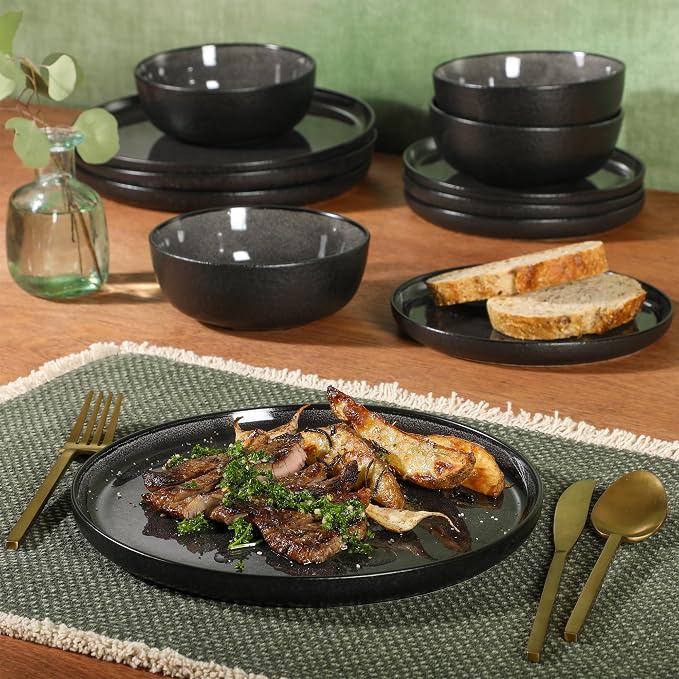 Gibson Elite Tahoe Sunset 12 Piece Stoneware Reactive Glaze (Service for 4) Ceramic Plates and Bowls Dinnerware Set - Black - Image 5