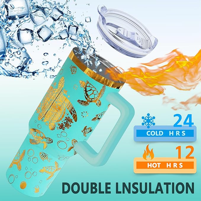 40 oz Sea Turtles Laser Engraving Tumbler With Handle With Lid Straw Double Insulated Travel Coffee Cup Sea Turtles Travel Accessories Must Have Gifts For Women