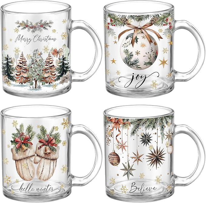 Tioncy 4 Pcs Christmas Mugs 12 oz Xmas Tea Cups with Handles Christmas Tree Coffee Cup Holiday Mugs Set Festive Xmas Cup Drinking Gift for Coffee Lovers Santa Collectible Containers Holiday Party by Tioncy