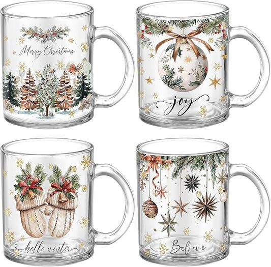 Tioncy 4 Pcs Christmas Mugs 12 oz Xmas Tea Cups with Handles Christmas Tree Coffee Cup Holiday Mugs Set Festive Xmas Cup Drinking Gift for Coffee Lovers Santa Collectible Containers Holiday Party by Tioncy
