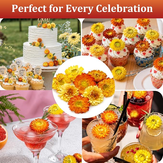 90+ Edible Dried Flowers for Cake Decorations, 100% Natural Dried Strawflowers Orange & Yellow for Cocktails Garnish, Drink Botanicals and Baking - Image 4