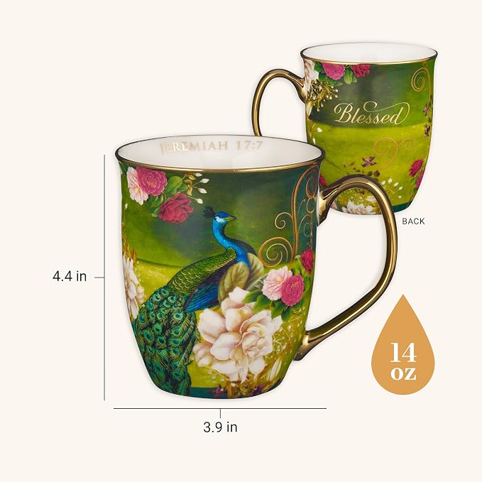 Christian Art Gifts Blue Peacock Ceramic Coffee Mug with Gold Accents – 14 oz. Lead and Cadmium-free Inspirational Scripture Coffee and Tea Mug for Women & Men with Bible Verse: Blessed –Jeremiah 17:7 - Image 2