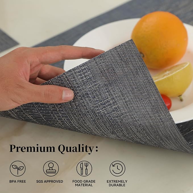 Leetaltree Denim Blue Placemats Set of 6 - Heat Resistant Non-Slip Place mats for Dining Table, Washable Durable PVC Vinyl Woven Table Mats（Denim Blue, 6） - Image 2