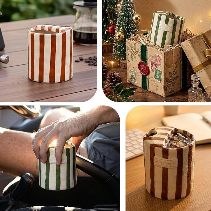 Ceramic Coffee Mug with Sip 10oz Striped Travel Espresso Cup with Sleeve | Retro Hand-Painted Multiple Use, Microwave & Dishwasher Safe for Coffee Lovers(Green) - Image 6