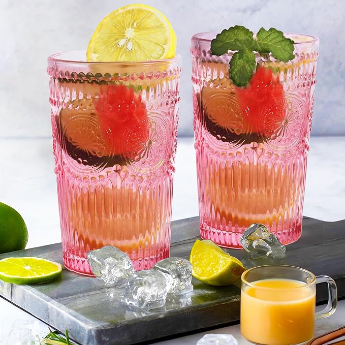 Loivttvv 6pcs Vintage Drinking Glasses Set, 12 oz Pink Highball Glasses, Embossed Ribbed Glassware Cups for Cocktail, Water, Juice, Coffee, Whiskey - Image 8