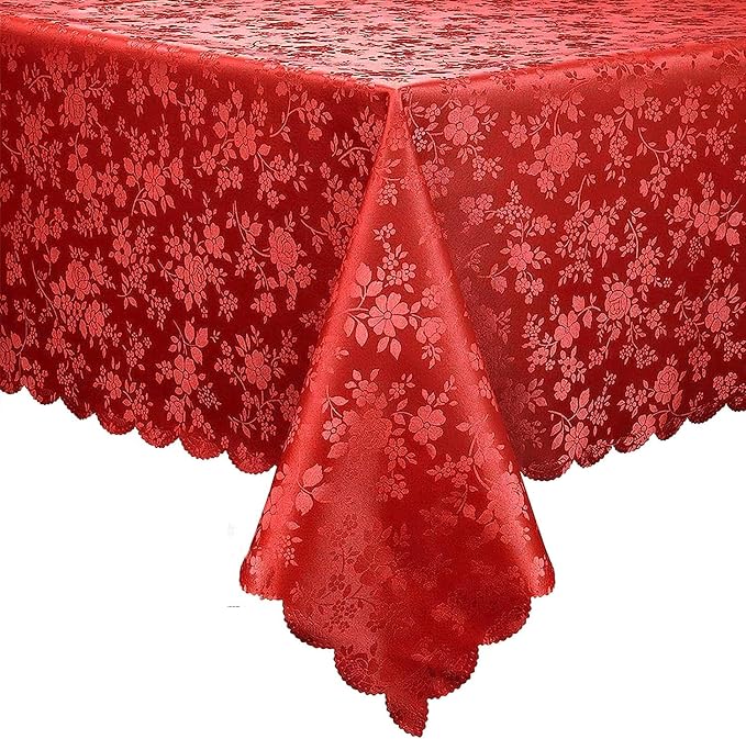 Smiry Rectangle Waterproof Heavy Duty Vinyl Tablecloths, 60 x 140 Inch | Wipeable Washable Floral Embossed Table Cover for Kitchen and Dining Room, Indoor & Outdoor Use, Red by Smiry