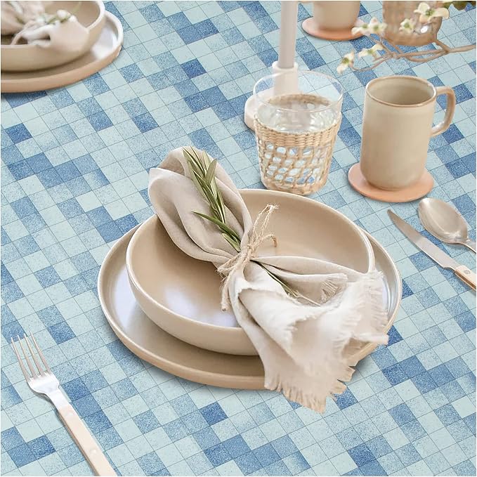 FIFTY FEET 54X54 Inch Square Tablecloth, Vinyl Tablecloth with Flannel Backing Waterproof Table Cloth, Spill Proof Picnic Table Cover for Outdoor/Indoor/Camping/Dining(Blue Plaid) - 3 Packs - Image 2