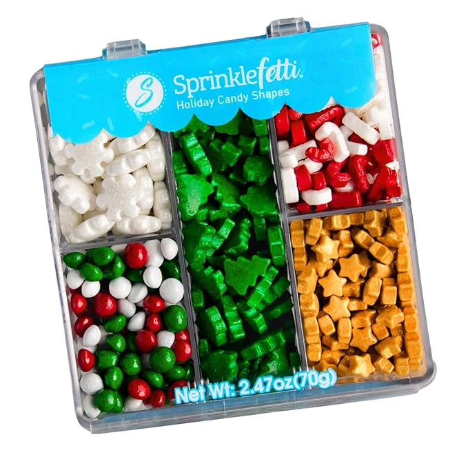 Sweets Indeed Christmas Sprinkle Tackle Box – 2.53 oz | Festive Holiday Sprinkles with Gold Stars, Green Trees, Candy Canes, White Snowflakes & Red-Green Chocolates | Holiday Baking & Cookie Decorating Kit