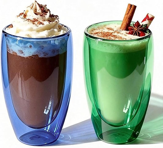 Double Wall Glassware 15oz Insulated Borosilicate Mug for Coffee Tasting Seasonal Brews Home Café Cozy Nights Holiday Gifts in Ocean Blue/Botanic Green