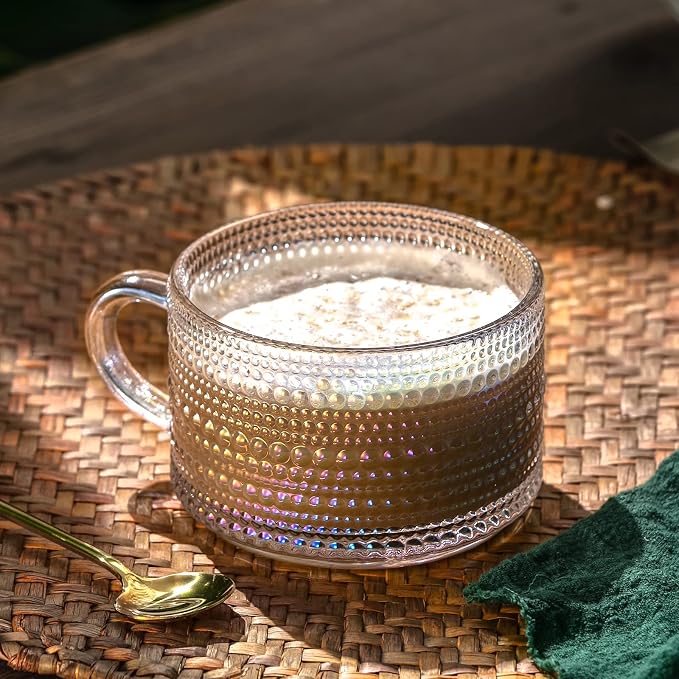 Gezzeny Vintage Glass Coffee Mugs 14 Oz Set of 2 Iridescent Embossed, Tea Cups,Glass Coffee Cups for Cappuccino, Latte,Cereal, Yogurt, Beverage Christmas Thanksgiving Day Gifts - Image 4