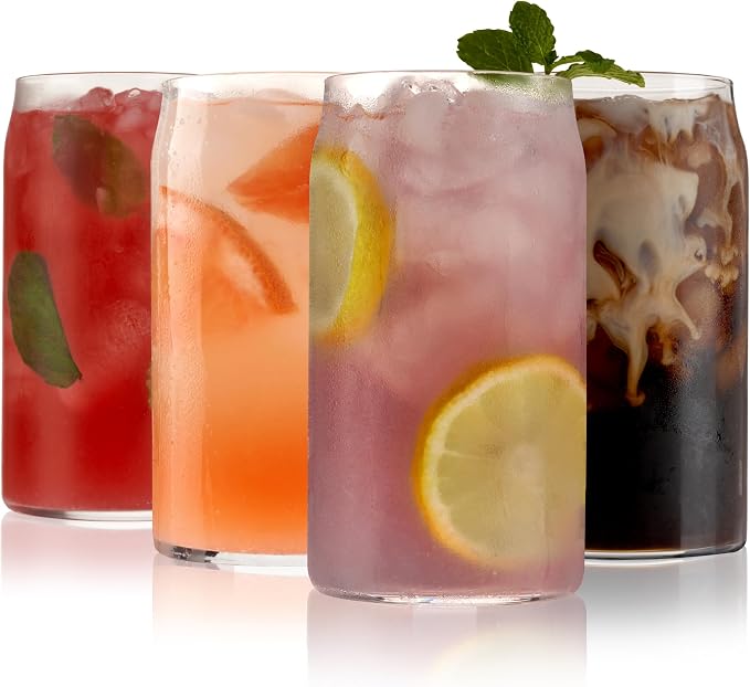 True Beer Can Glasses, Clear Tumblers, Superior Cocktail, Water, Juice, Iced Coffee, Soda, Beverage Drinking Glass, Kitchen Glassware Sets, Drinkware, Home Bar, 16 oz Set of 4 by True