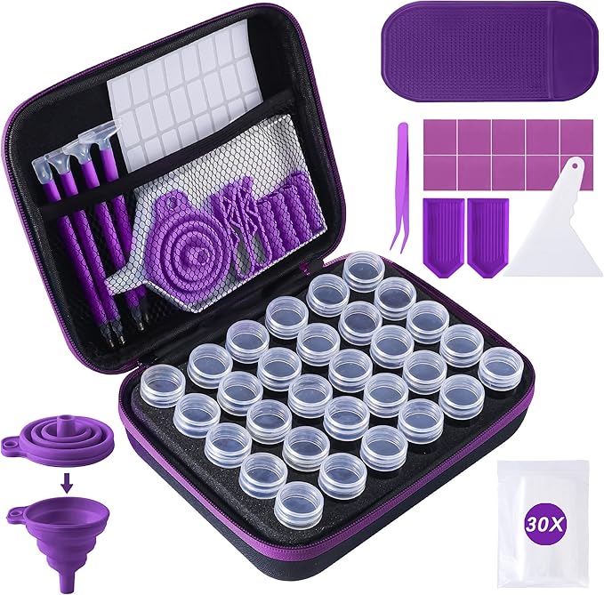 LYMUSUMI 30 Slots Diamond Art Storage Containers for Adults Portable Bead Storage Boxes for Diamond Painting Accessories and Tools（Purple）