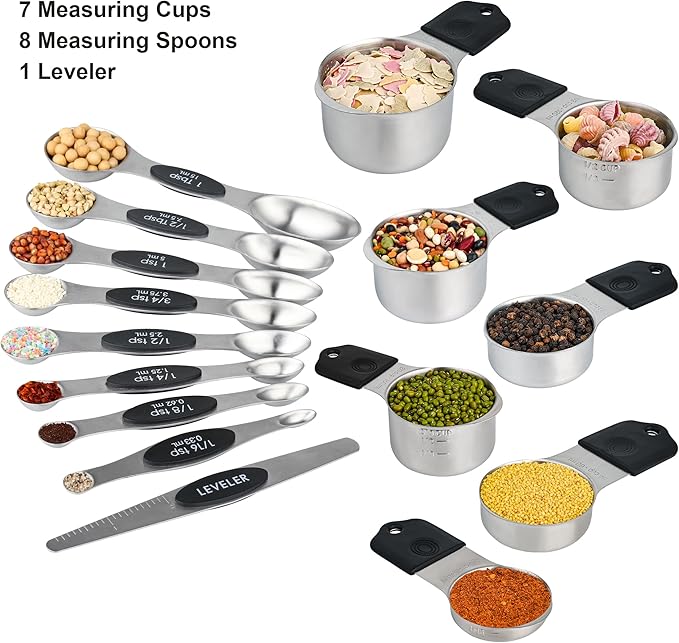 Smithcraft Magnetic Measuring Cups and Spoons Set 16, Metric & US Stainless Steel Measuring Cups and Spoons Set for Dry & Liquid, Metal Measure Cups & Spoons & Leveler for Kitchen&Baking, Black