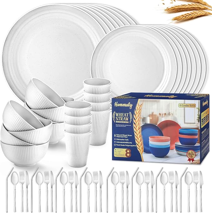 Wheat Straw Dinnerware Sets,64-Piece Plates and Bowls Sets for 8-Unbreakable,Reusable Plastic Dish Set-Dinner Plate/Dessert Plate/Cereal Bowl/Cup/Utensils-Microwavable Dishwasher Safe 64P-Light Gray by HOMMALY