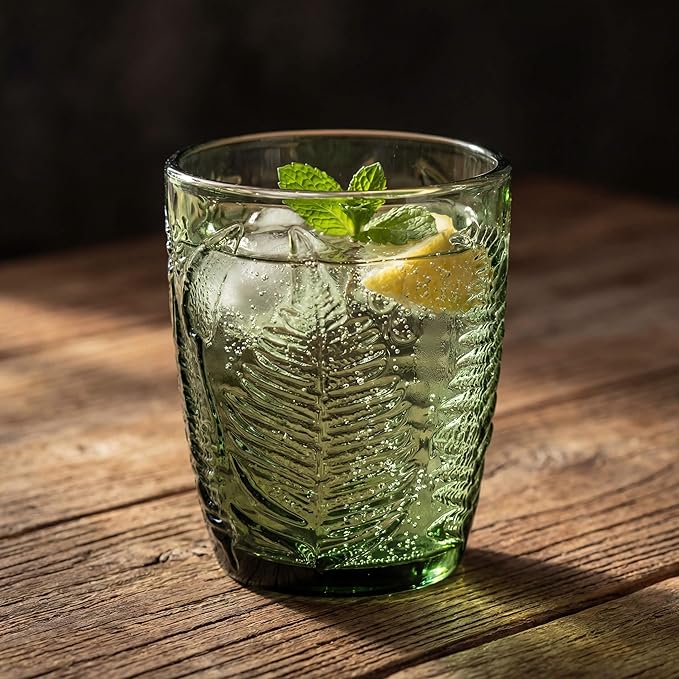 Green Drinking Glasses Set of 8, 10 oz Glass Cups, Vintage Fern Glassware | Hand-Pressed, Dishwasher Safe, Boho Leaf-Textured Drinkware, Colored Embossed Lowball Tumblers for Water, Retro Kitchen Gift - Image 3