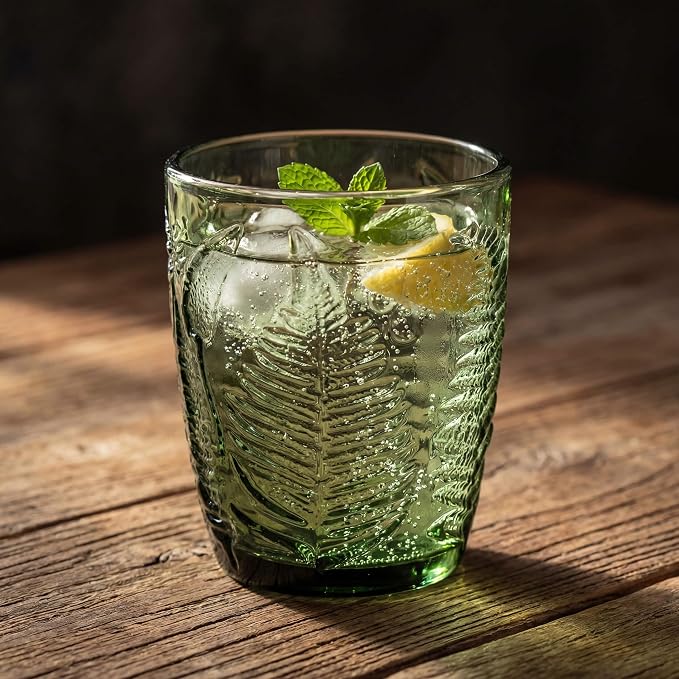 Vintage Green Drinking Glass, 10 oz Hand-Pressed Deep Textured Glass Cup, Fern Embossed Retro Glassware, Decorative Tumbler for Water, Cocktails & Juice, Boho Colored Kitchen Drinkware, Unique Gift - Image 3