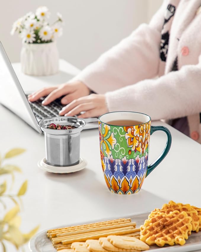 vancasso Ceramic Tea Mug with Infuser and Lid, 18 Ounce Bohemian Loose Leaf Cup, Microwave & Dishwasher Safe, Perfect for Tea, Coffee, Lime-Green Fiesta - Image 6