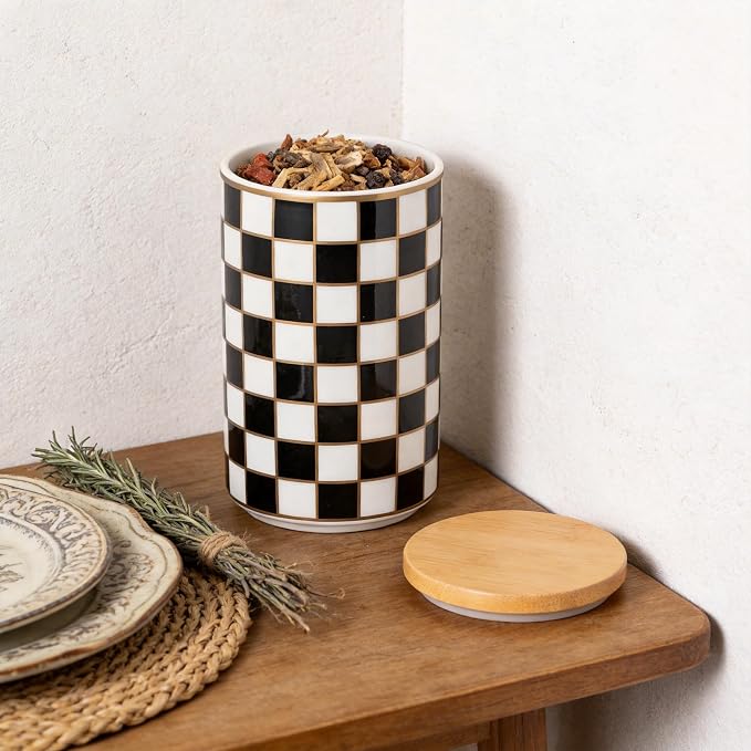 Kitchen Countertop Ceramic Checkered Canisters,Black And White Food Storage Containers With Lid,Airtight Kitchen Canisters for Flour, Sugar, Coffee, Tea, and Dry Goods (Black, Large) - Image 8