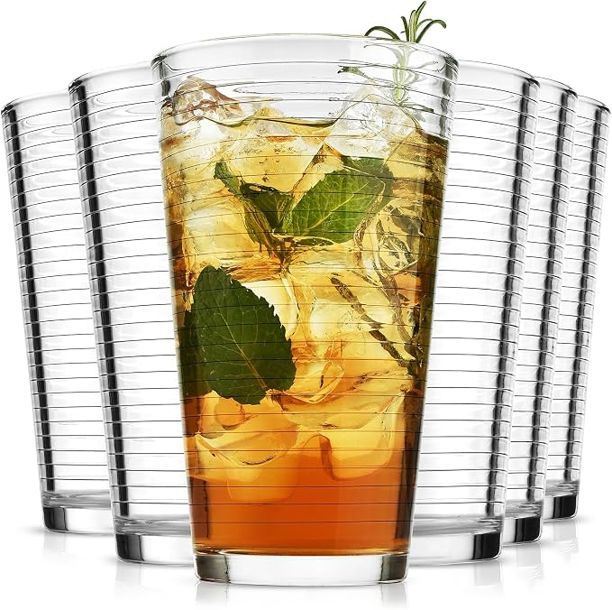 ALINK 16 oz Drinking Glasses, Set of 6 Highball Glasses, Ribbed Glassware Glass Cups, Water Glasses for Beer, Iced Coffee Cups, Cocktail Glasses, Wine, Iced Tea, Dishwasher Safe by ALINK