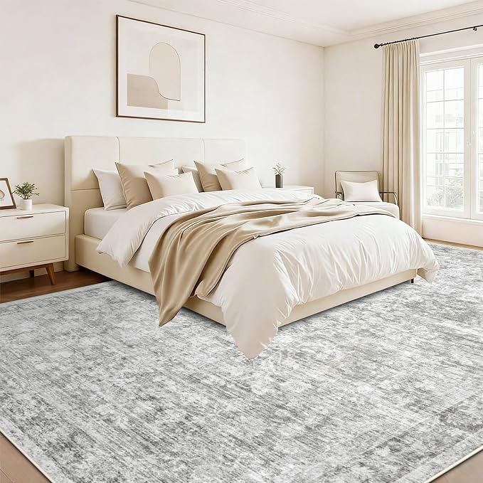 10x14 Area Rugs for Living Room: Washable Large Vintage Floral Rug Low Pile Non-Slip Boho Carpet for Bedroom Dining Home Office (Grey, 10'x14') - Image 5
