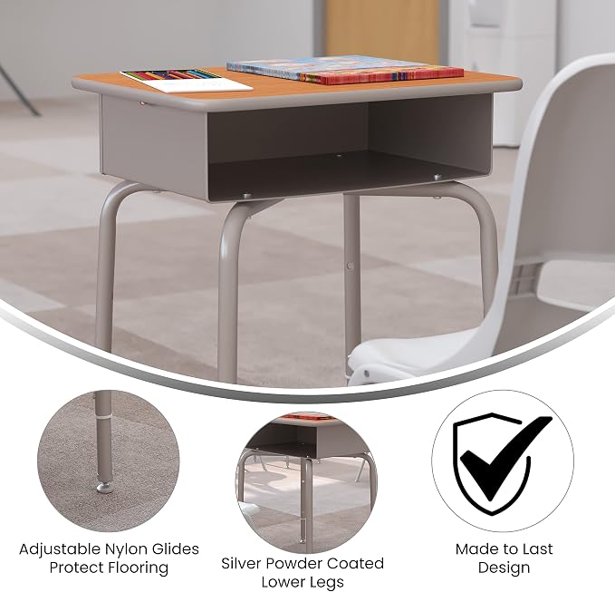Flash Furniture Billie Student Desk - Walnut Open Front School Desk - Silver Metal Frame - 24"W x 18"D Adjustable Height, Durable for School or Remote Learning - Image 4