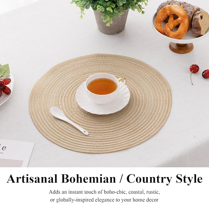 SHACOS 15 inch Beige Round Placemats Set of 12 for Dining Table Woven Braided Circle Place Mats Kitchen Placemat Washable Table Mats - Image 8