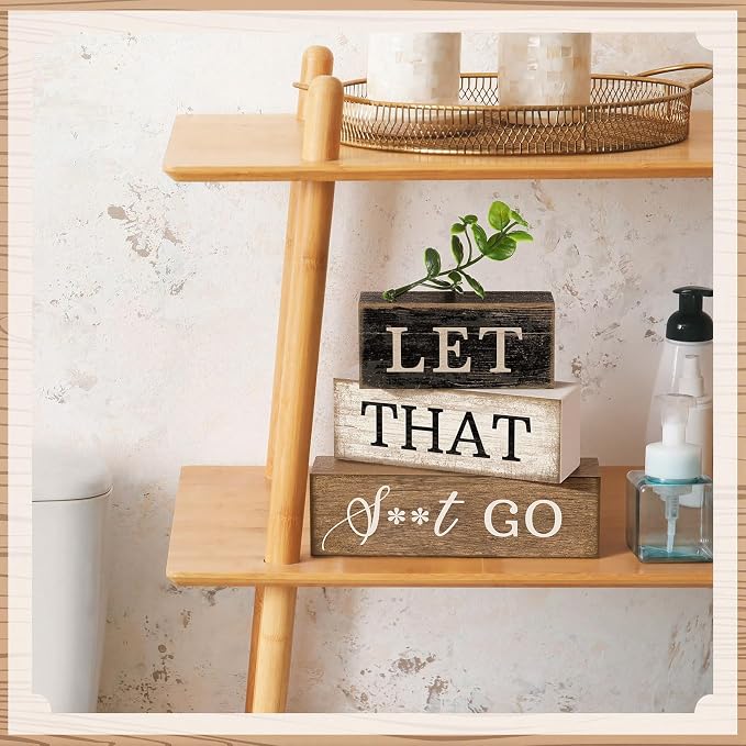 Moucuny 4 Pcs Bathroom Shelf Decor Sign Farmhouse Bathroom Decor and Accessories Rustic Eucalyptus Leaves Wood Block Sign Gift Let That Shit Go Funny Farmhouse Table Centerpiece for Home Office Toilet - Image 4