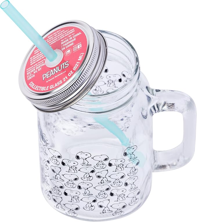 Silver Buffalo Peanuts Snoopy, Glass Mason Jar with Handle and Straw, 21oz | Includes Lid, 0.62 Liters - Image 4