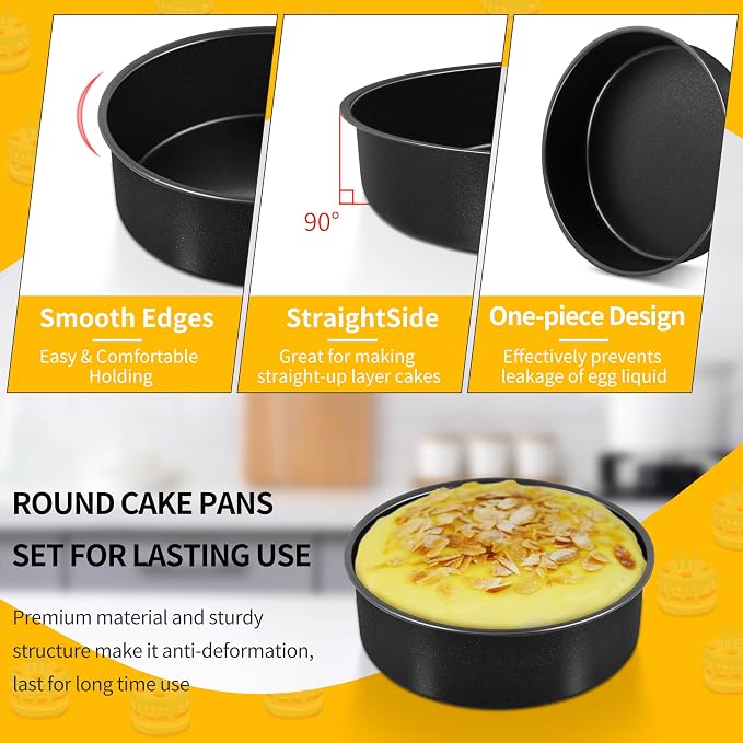 P&P CHEF 6 Inch Cake Pan Set of 3, Non-Stick Round Cake Pans | Round Cake Tins for Tier Smash Cakes, Baking Pans Set & Essential Bakeware, Stainless Steel Core & Leak-Proof - Image 3