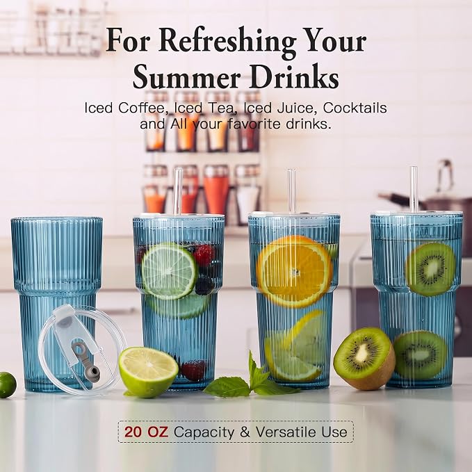 4PCS Blue Ribbed Glass Cups with Lids and Straws, 20oz Vintage Drinking Glasses, Aesthetic Iced Coffee Cups, Glass Tumbler for Boba, Beer, Tea, Cocktails, Blue Ribbed Glassware Set (Blue-4) - Image 7