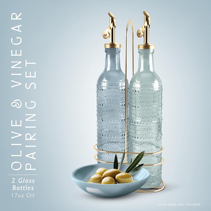 COOK WITH COLOR Glass Olive Oil Bottle Dispenser - 2 Pack- 17oz Oil and Vinegar Cruet - Olive Oil Carafe Decanter for Kitchen, Champagne Bubbles, Blue - Image 2