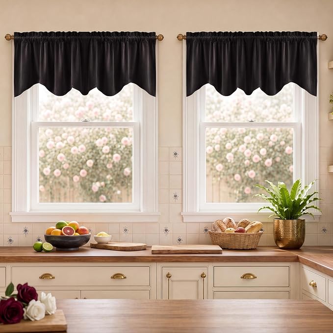 Velvet Window Valance 52x18 Inch 4-Panel Set | Soft Wavy Black Kitchen Curtains for Windows, Luxury Fabric Aesthetic Window Treatment for Bay Window, Living Room by StangH