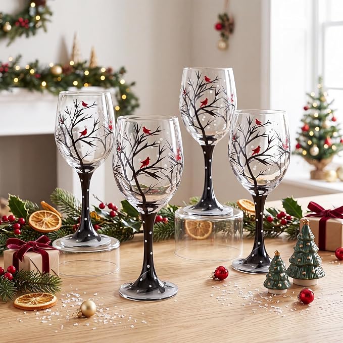 Yungyan Set of 4 Christmas Stemmed Wine Glasses Hand Painted Cardinal Winter Scene 15 oz Holiday Wine Goblets for Festive Dining Table Decor Stemmed Glassware Set for Seasonal Gifting and Party by Yungyan